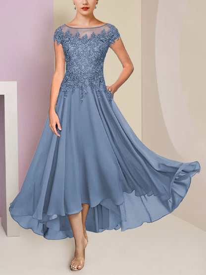 Two-Piece Round Neck Asymmetric Chiffon Lace Short Sleeve Dress