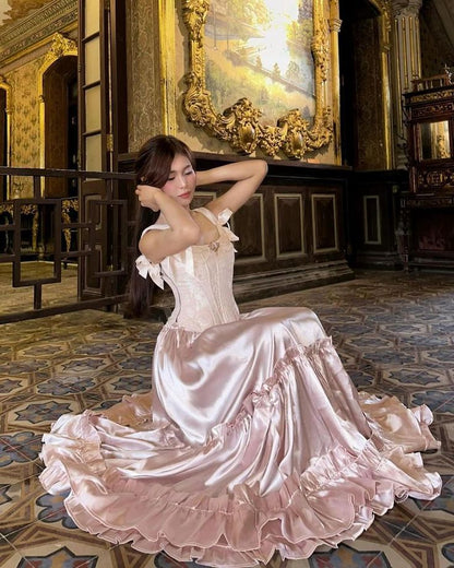 Pink vintage long satin formal Prom dress evening dress party dress gh4901
