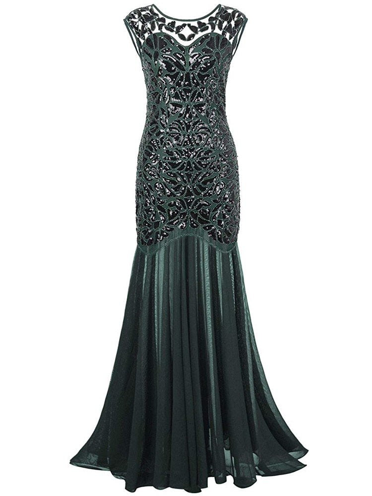 loveedsTM-Vestidos Vintage Mujer Sequins Beading Long Evening Dresses Formal Round Neck Lace Long Sexy Women Party Special Occasion