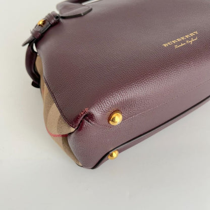 Burberry Burgundy/Beige Leather and House Check Fabric small banner tote