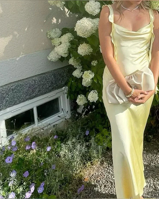 Yellow Fashion Elegant Long Slim Fit Ruffle Satin Ball Gown Evening Dress Garden Party Dress Graduation Dress Prom Dress Wedding Guest Party Dress Bridesmaid Dress gh3984