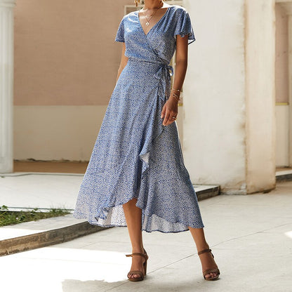 loveedsTM-Summer Vacation Holiday Dress Boho Green Printed Sashes Ruffles Bohemian Midi Dress V-Neck Irregular Short Sleeve Sundress