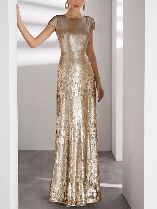 Round Neck Solid Color Short Sleeves Sequins Maxi Dress