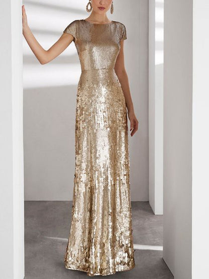 Round Neck Solid Color Short Sleeves Sequins Maxi Dress