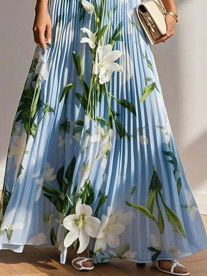 Pleated Floral Chiffon V Neck Short Sleeve Balloon Sleeve A-Line Maxi Dress