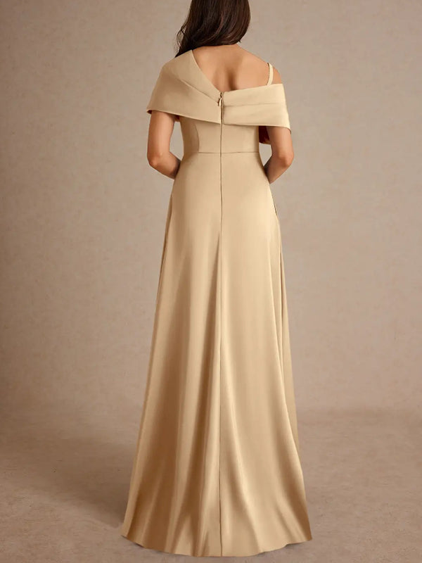 Champagne A-Line Pleated Stretch Satin Dress