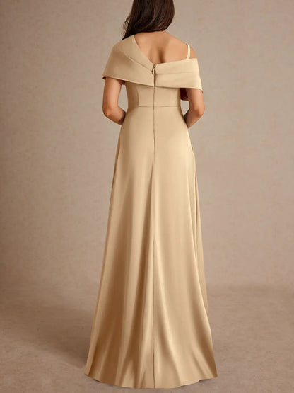 Champagne A-Line Pleated Stretch Satin Dress