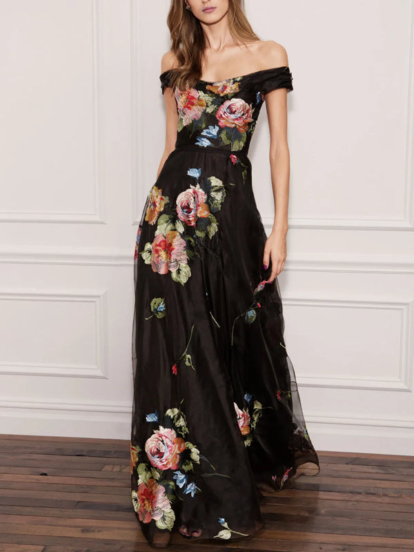 Temperament Mesh Printed One Shoulder Dress