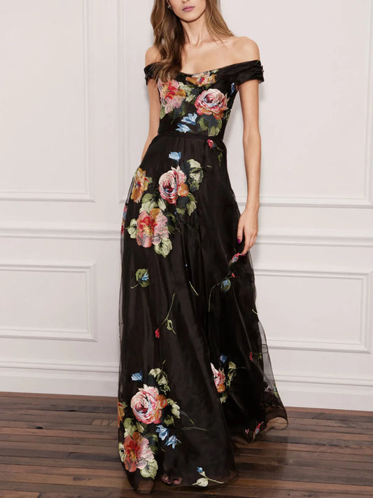 Temperament Mesh Printed One Shoulder Dress