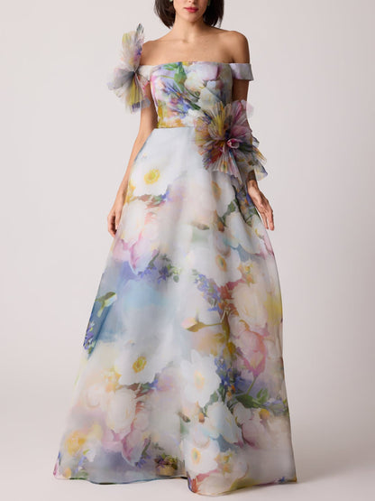 Organza Watercolor Off Shoulder 3D Flower Gown
