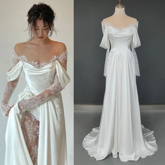 PM544,Ivory Lace Satin Wedding Dresses, Off The Shoulder Bridal Dresses