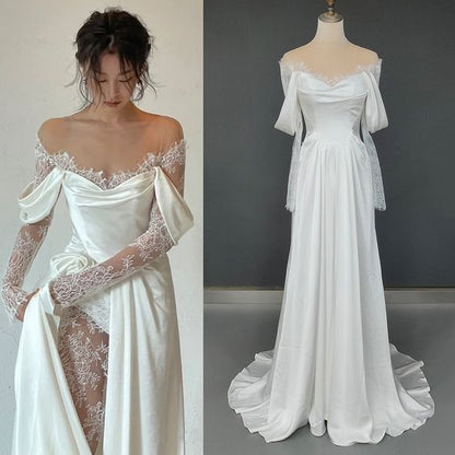 PM544,Ivory Lace Satin Wedding Dresses, Off The Shoulder Bridal Dresses