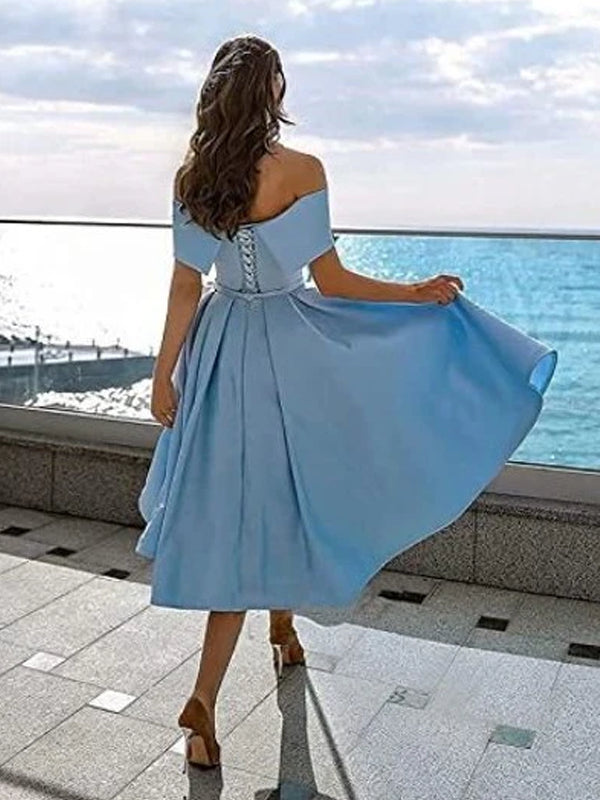 Satin Tea-Length Prom Gown with Off-the-shoulder