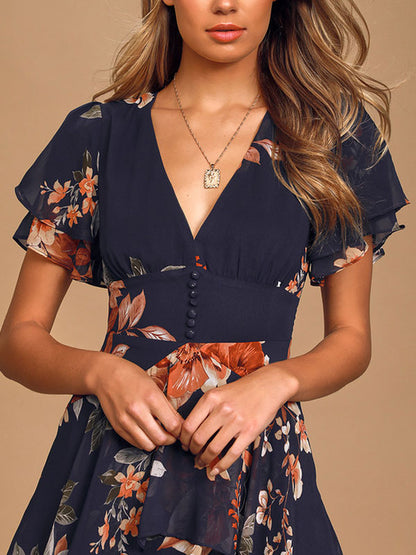 Navy Blue Floral Print Tiered Maxi Dress