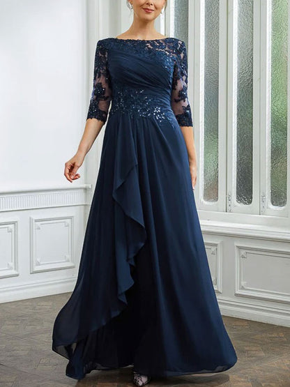 Applique Bateau 3/4 Sleeves Floor-Length Women's Dress