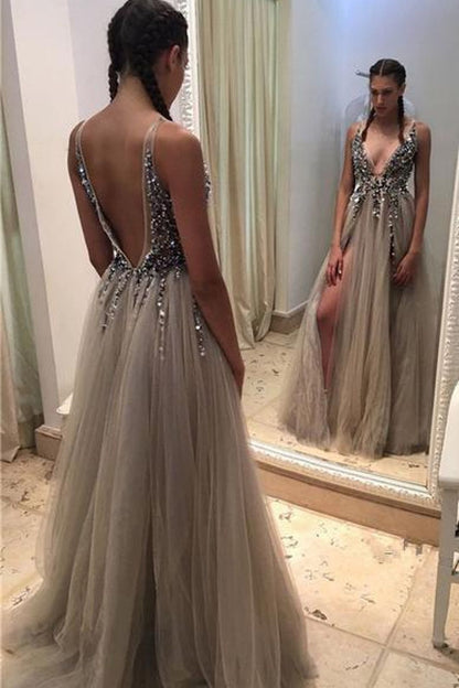Sexy V-Neck Tulle Grey Long Prom Dress