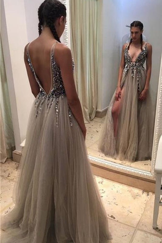 Sexy V-Neck Tulle Grey Long Prom Dress