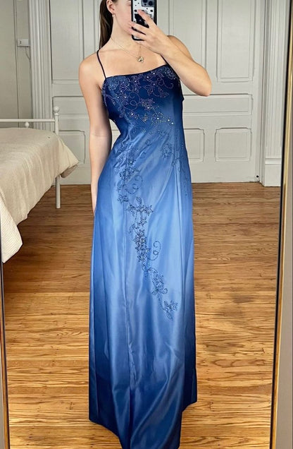 Blue Vintage Fashion Elegant Retro Exquisite Beaded Spaghetti Strap Long Satin Tulle Ball Gown Evening Gown Party Dress Prom Gown gh3895