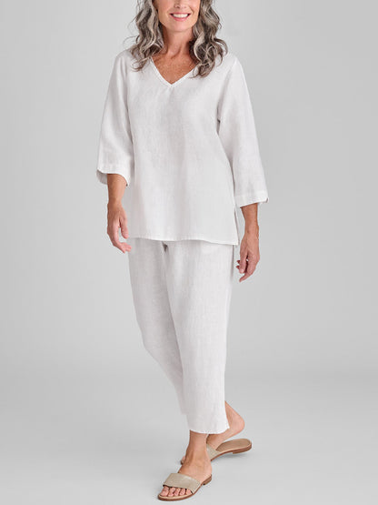 V-neck Cotton And Linen Solid Color Top