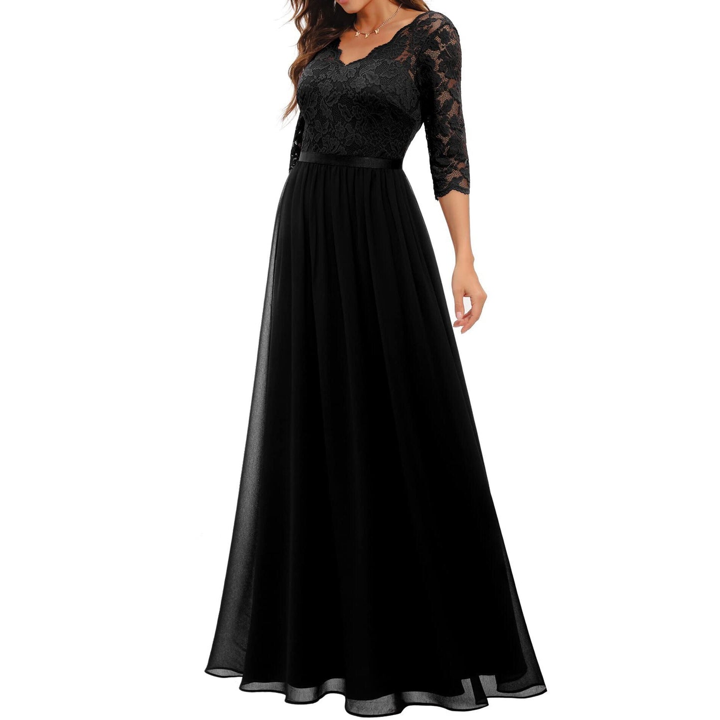 loveedsTM- Women&#39;s Elegant Vintage V Neck 3/4 Sleeve Floral Lace Chiffon Wedding Bridesmaid Maxi Dress Long Formal Dresses