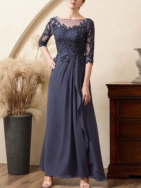 Grey Blue Sparkly Beaded Chiffon Mother of the Bride Dress