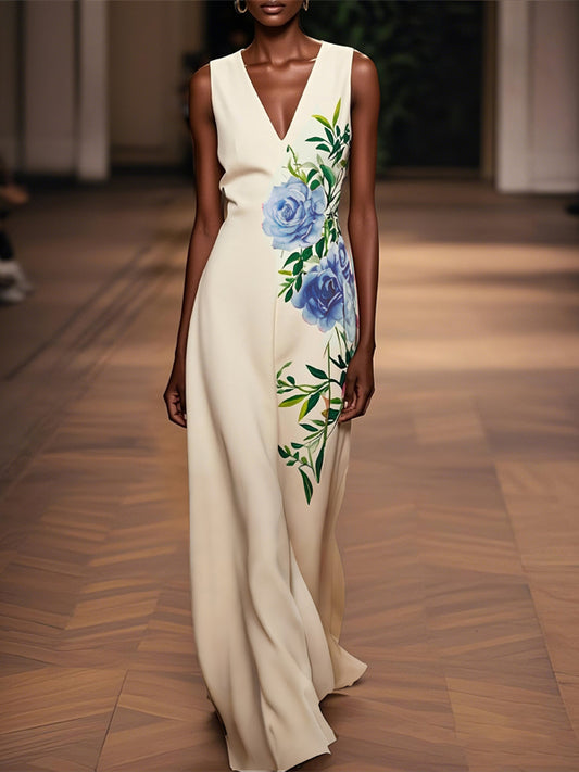 V-neck Sleeveless Printed Maxi Dress
