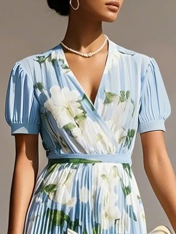 Pleated Floral Chiffon V Neck Short Sleeve Balloon Sleeve A-Line Maxi Dress