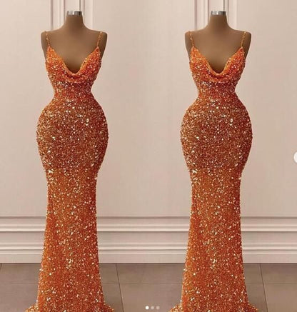Orange gorgeous shiny V-neck mermaid slim spaghetti straps long sequined ball gown evening dress party dress gh2070