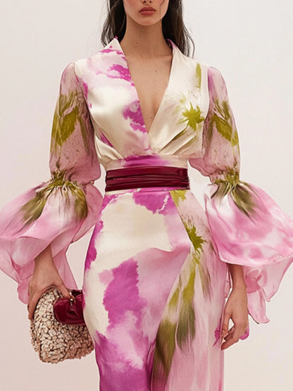 Elegant Ruffle Sleeve Printing V Neck Maxi Dress