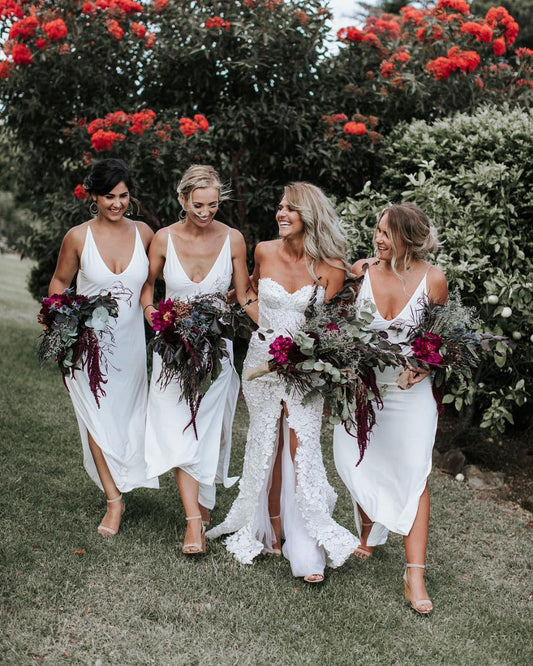 Simple White Silk Satin Plunging Bridesmaid Dresses