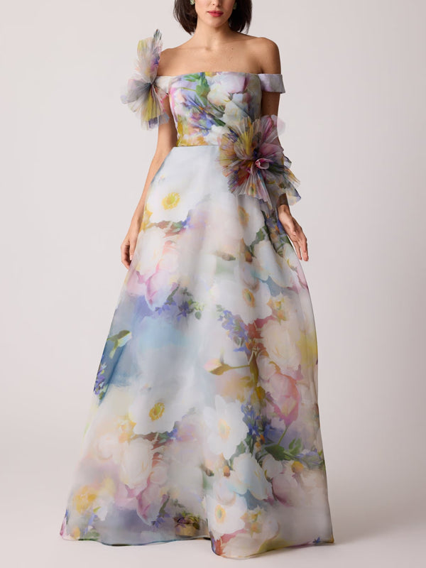 Organza Watercolor Off Shoulder 3D Flower Gown