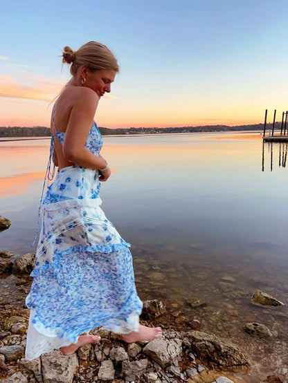 Blue Elegant Floral Delicate Lace Long Ball Gown Birthday/Garden Party Dress Evening Dress Prom Dress Holiday Date Night Dress gh4109