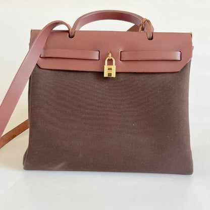 Hermes Chocolate Brown/Beige Toile and Leather Herbag 31 Bag
