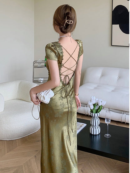 loveedsTM- Elegant Women Green Satin Backless Evening Dress Ladies Lace Bandage Vintage Jacquard Mixi Dresses Party Vestidos Summer Robe