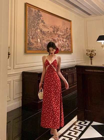 Cute A line V Neckline Red Floral Sleeveless 18th Birthday Dress Party Gown Birthday Outfits For Women DP0207