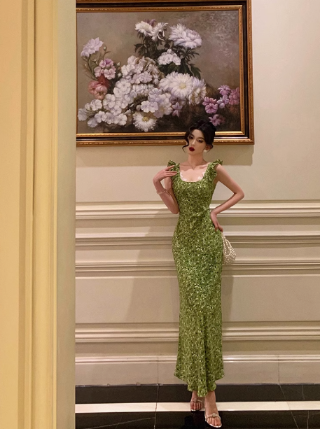 Vintage Mermaid Square Neckline Green Floral Sleeveless 18th Birthday Dress Party Gown Birthday Outfits For Women DP0200