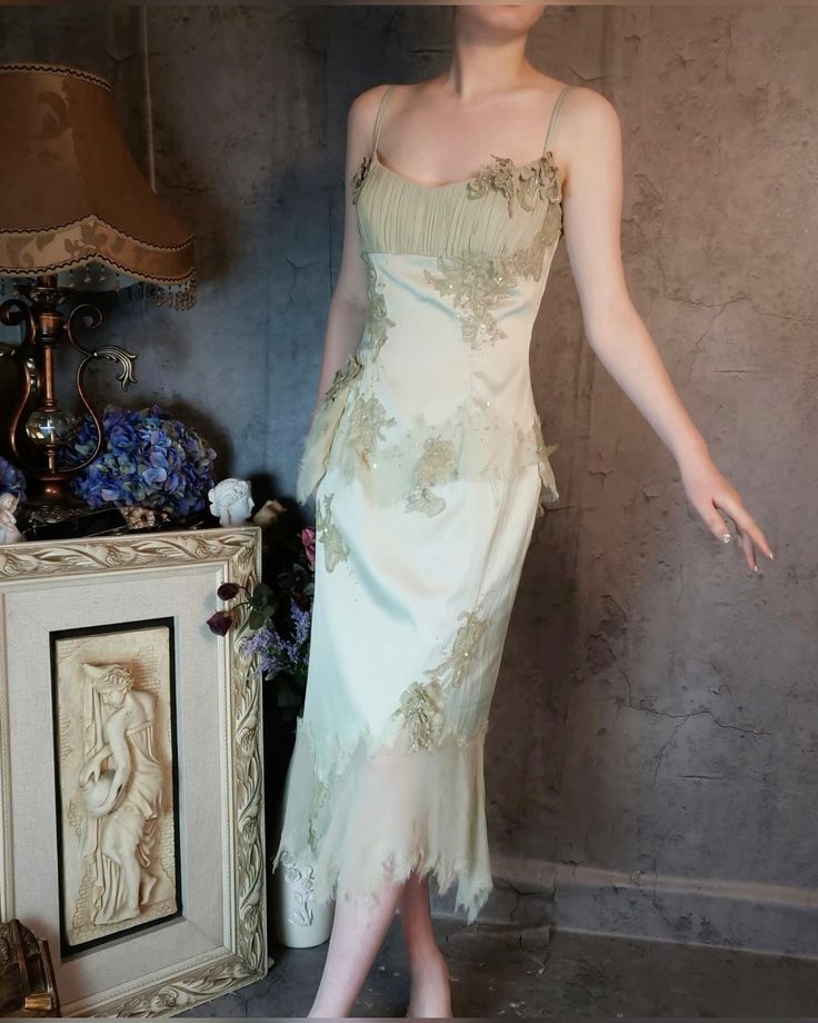 Gentle Green Sheath Spaghetti Strap Appliques Satin Chiffon Prom Dress Evening Dress SH2668