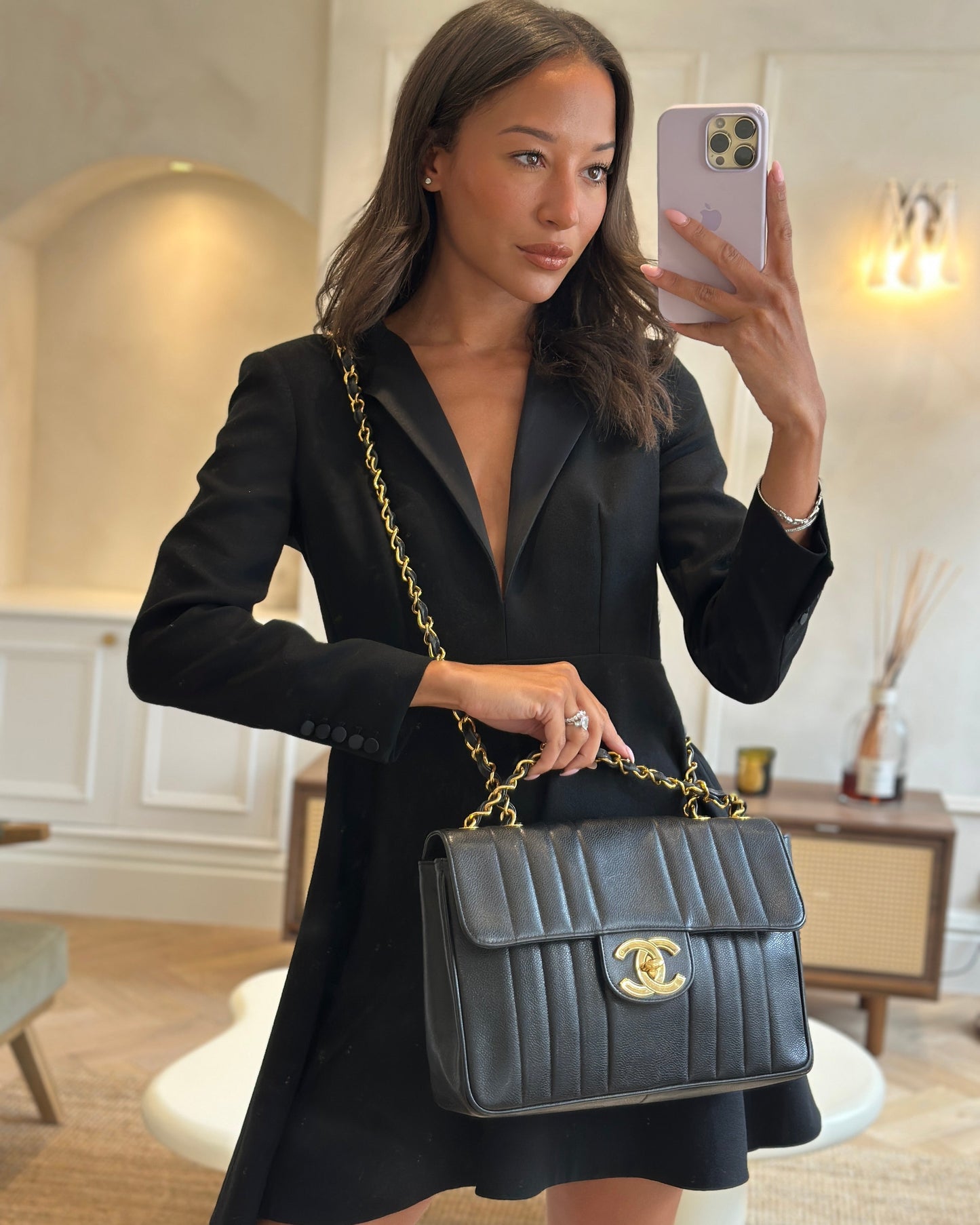 Chanel Vintage Black Mademoiselle XL Single Flap Bag in Grained Leather with 24k Gold Hardware