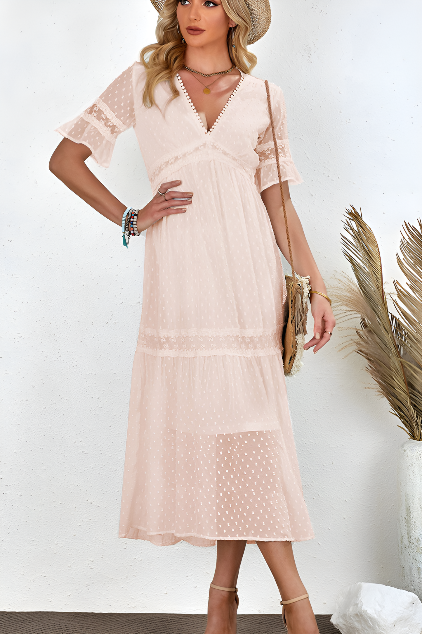 loveedsTM-Solid color lace pullover V-neck dress