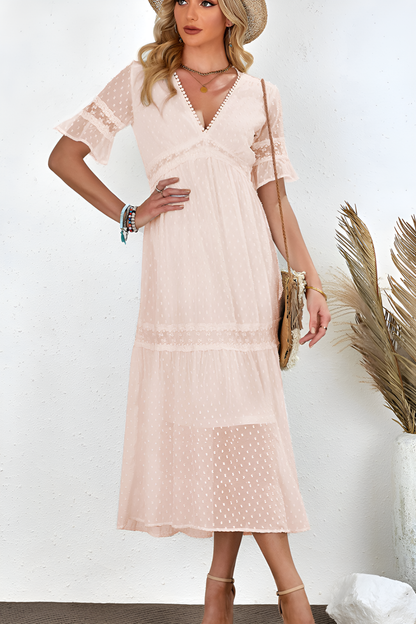 loveedsTM-Solid color lace pullover V-neck dress