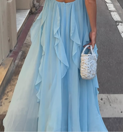 Sexy A Line Halter Blue Chiffon Backless Long Evening Dress Prom Dresses SD1660