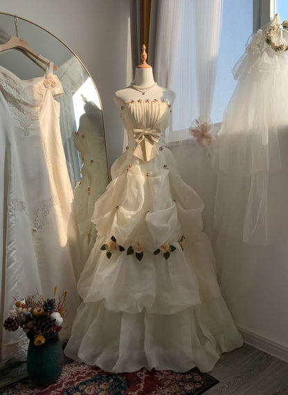 Ivory Elegant Exquisite Floral Beading Long Tulle Floor Length Tiered Ball Gown Evening Gown Wedding Dress gh4133