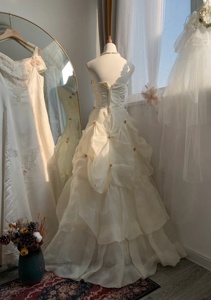 Ivory Elegant Exquisite Floral Beading Long Tulle Floor Length Tiered Ball Gown Evening Gown Wedding Dress gh4133