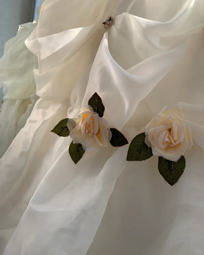 Ivory White Floral Long Floor Length Tulle Ball Gown Evening Gown Wedding Dress gh4547