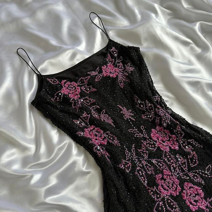 Black Retro Elegant Pink Beaded Chiffon Prom Dress Evening Dress Birthday Party Dress SH3595