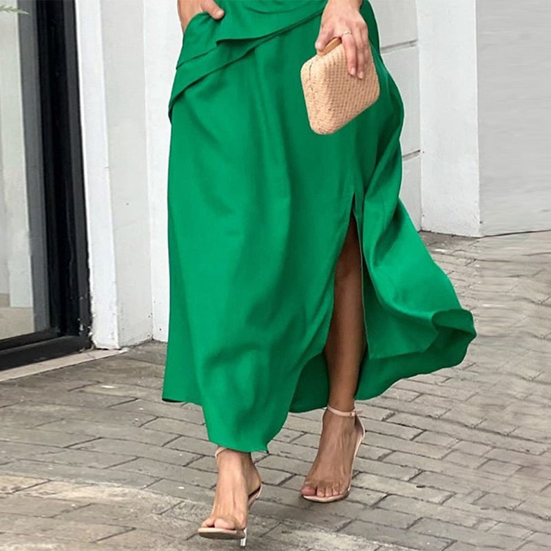 loveedsTM- Women Maxi Dress Fashion Elegant Long Sleeve Lapel V Neck Pleated Solid Single Slit With Pockets Beach Party Dresses