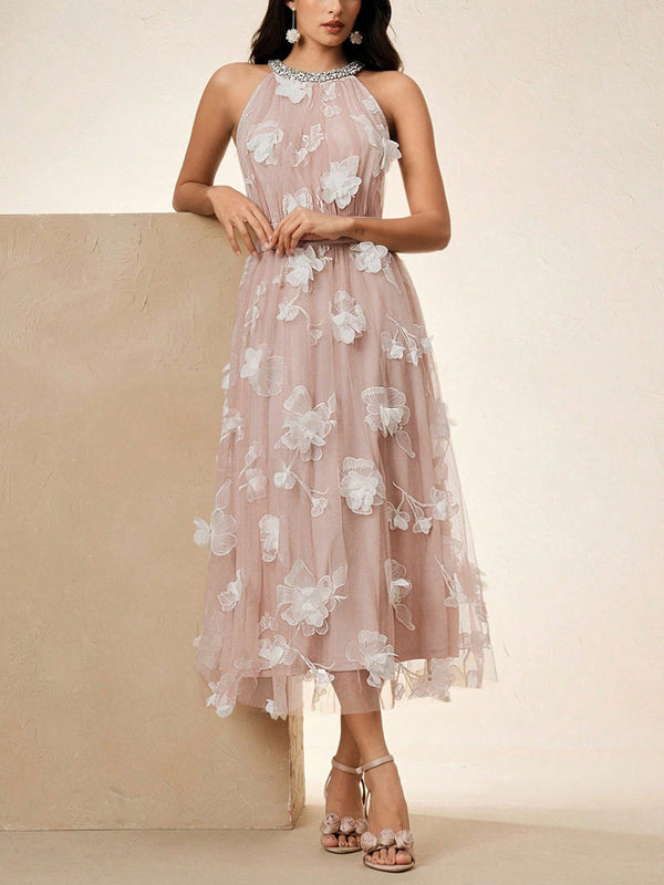 3D Floral Mesh Rhinestone Decorated Waist Sleeveless Floral Dress