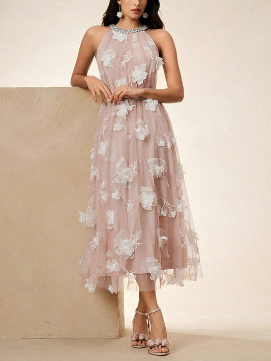 3D Floral Mesh Rhinestone Decorated Waist Sleeveless Floral Dress