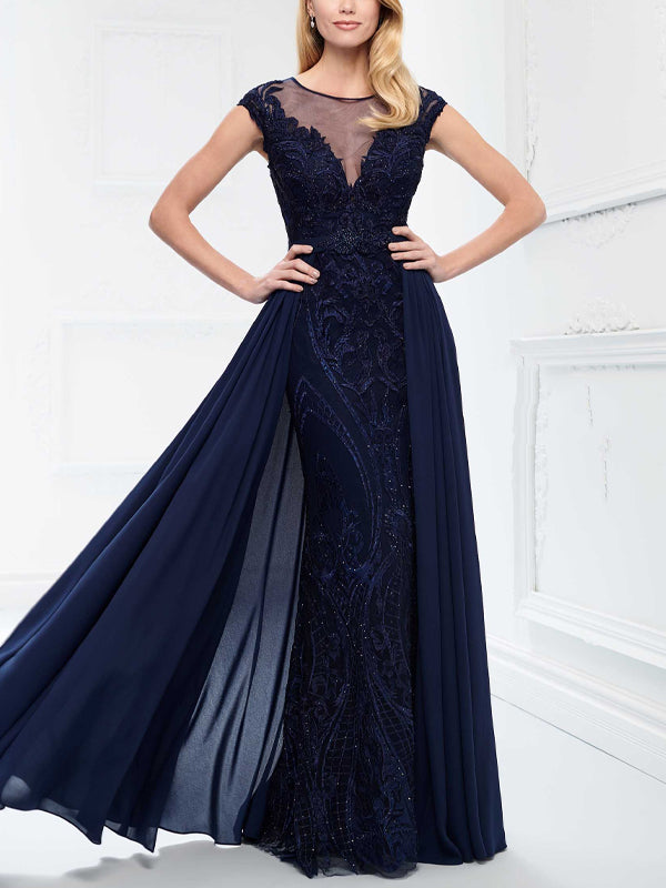 Round Neck Mesh Lace Solid Color Maxi Dress