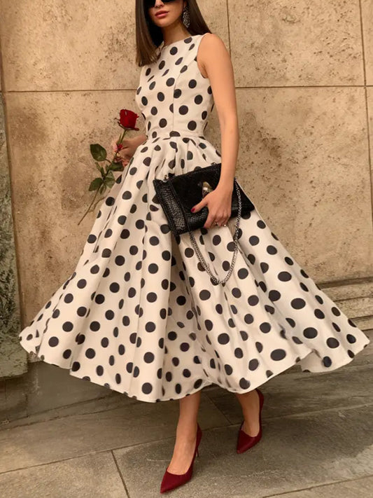 White Polka Dot Print Sleeveless Midi Dress